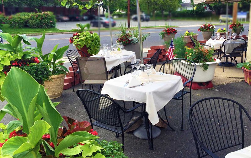 Patio seating with set tables