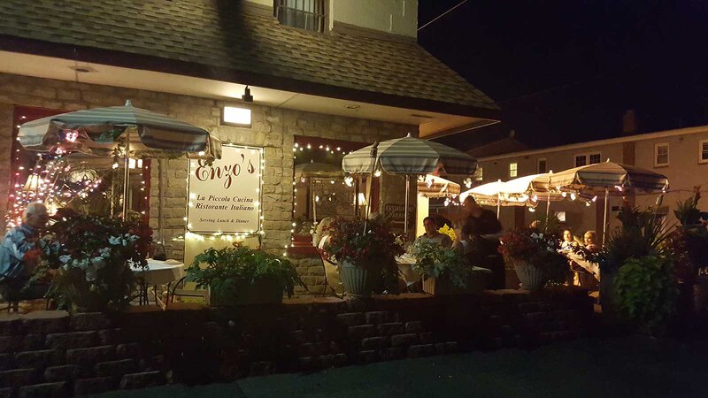 Outdoor patio seating at night
